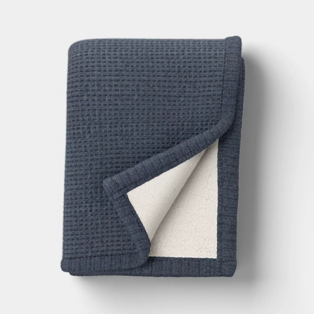 Chenille Knit Throw Blanket with Faux Shearling Reverse Blue - Threshold