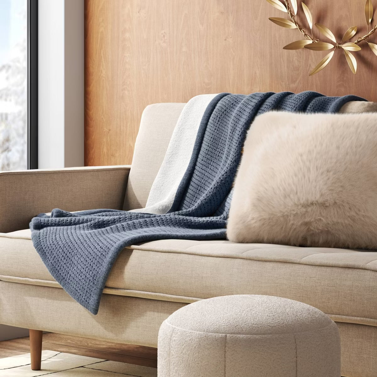 Chenille Knit Throw Blanket with Faux Shearling Reverse Blue - Threshold