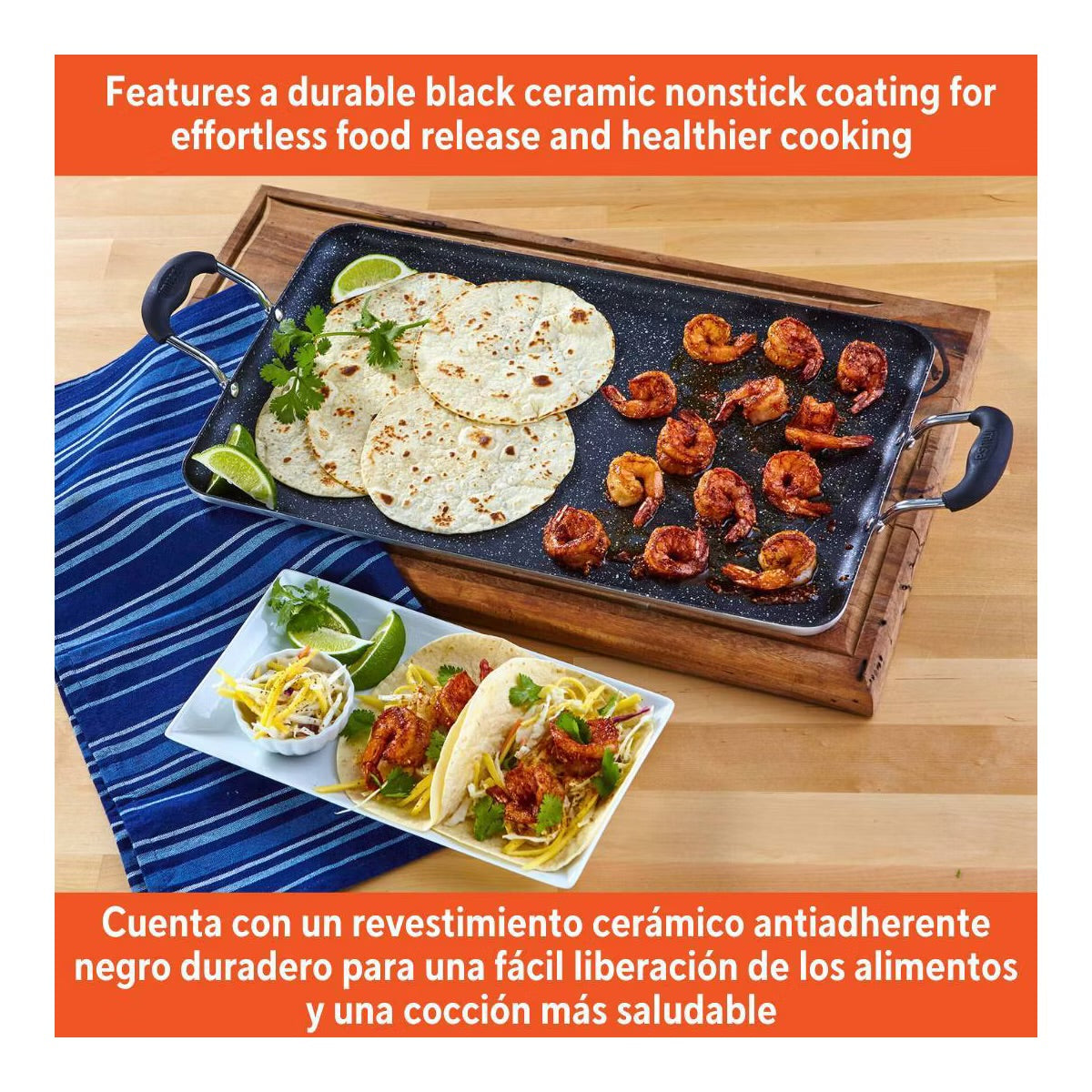 IMUSA 17"x10"Ceramic Double Burner Griddle Black: Stovetop Griddle, Aluminum, Hand Wash, Electric & Gas Compatible