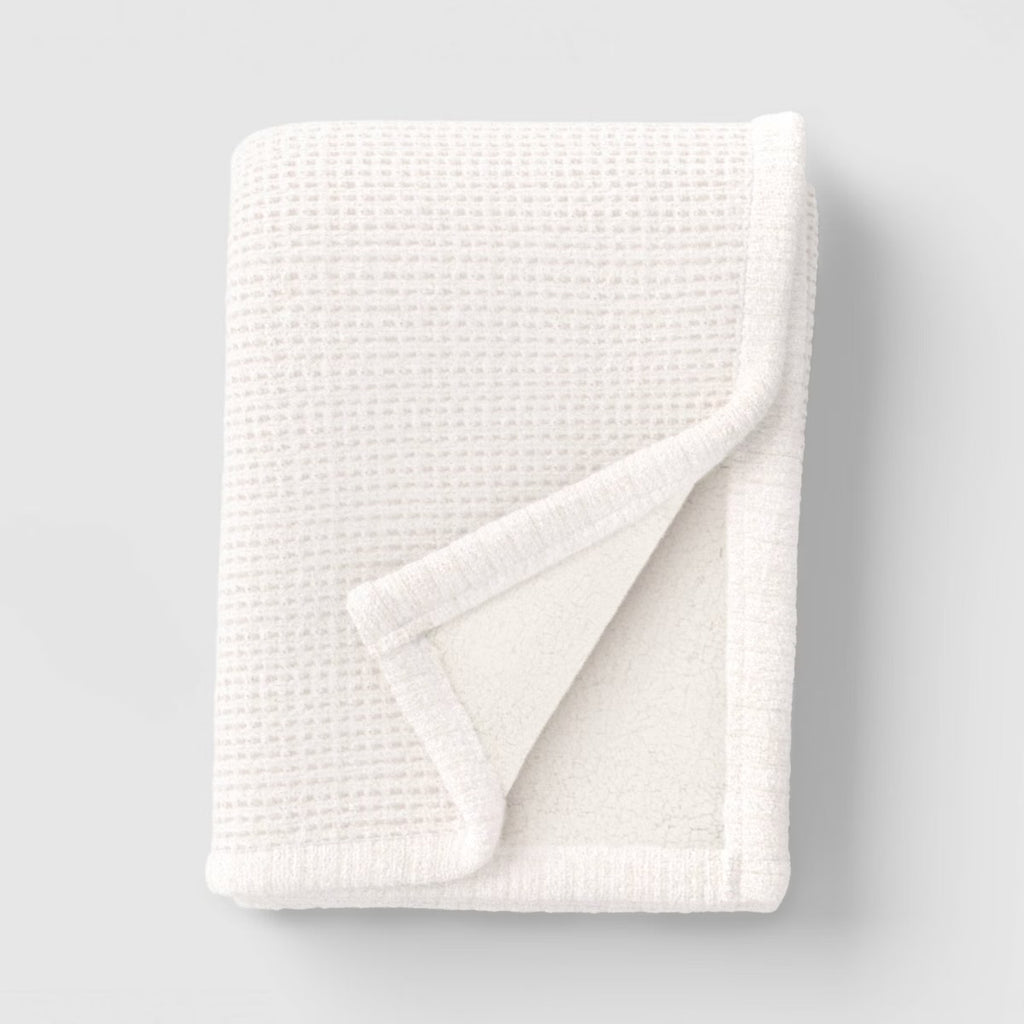 Chenille Knit Throw Blanket with Faux Shearling Reverse Ivory - Threshold