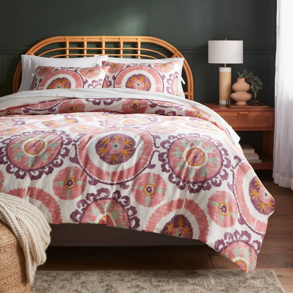 King Suzani Print Duvet Cover and Sham Set Ivory/Salmon Orange/Plum Red/Mustard - Threshold