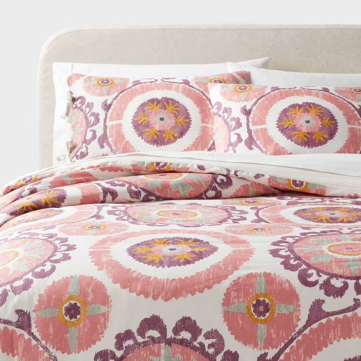 King Suzani Print Duvet Cover and Sham Set Ivory/Salmon Orange/Plum Red/Mustard - Threshold