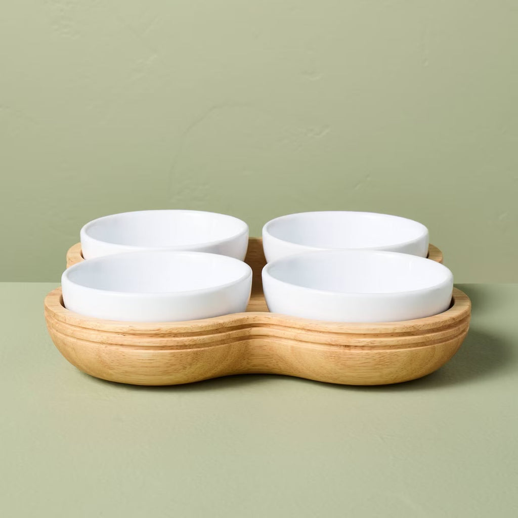 5pc Wood Serving Tray with Ceramic Bowl Inserts Brown/Cream