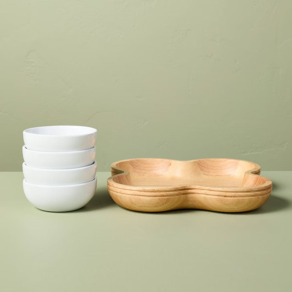 5pc Wood Serving Tray with Ceramic Bowl Inserts Brown/Cream