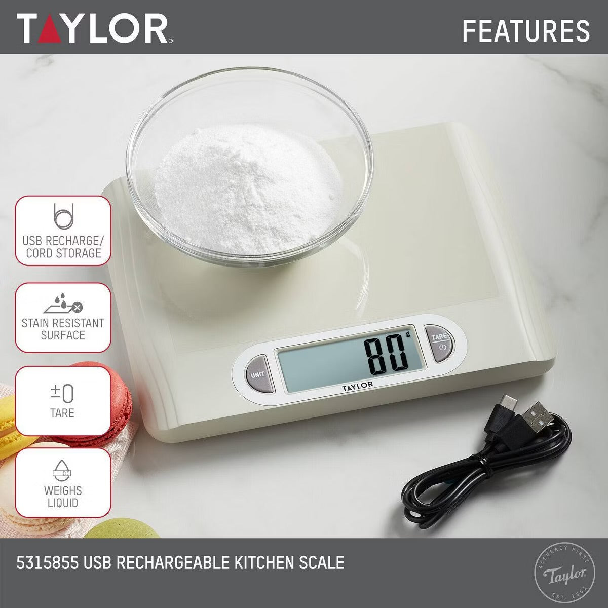Taylor 11lb Digital Kitchen Food Scale USB with Ocean Bound Plastic Cream