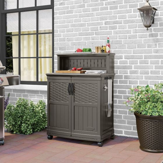 Suncast Patio Storage & Prep Station Stoney: Resin Outdoor Serving Cart with Galvanized Steel Hardware