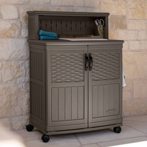 Suncast Patio Storage & Prep Station Stoney: Resin Outdoor Serving Cart with Galvanized Steel Hardware