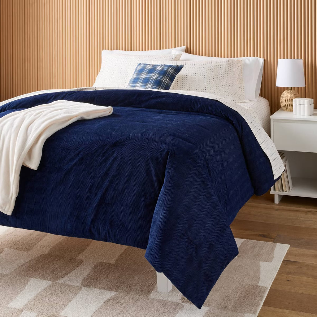 Full/Queen Corduroy Plaid Comforter Navy Blue - Room Essentials