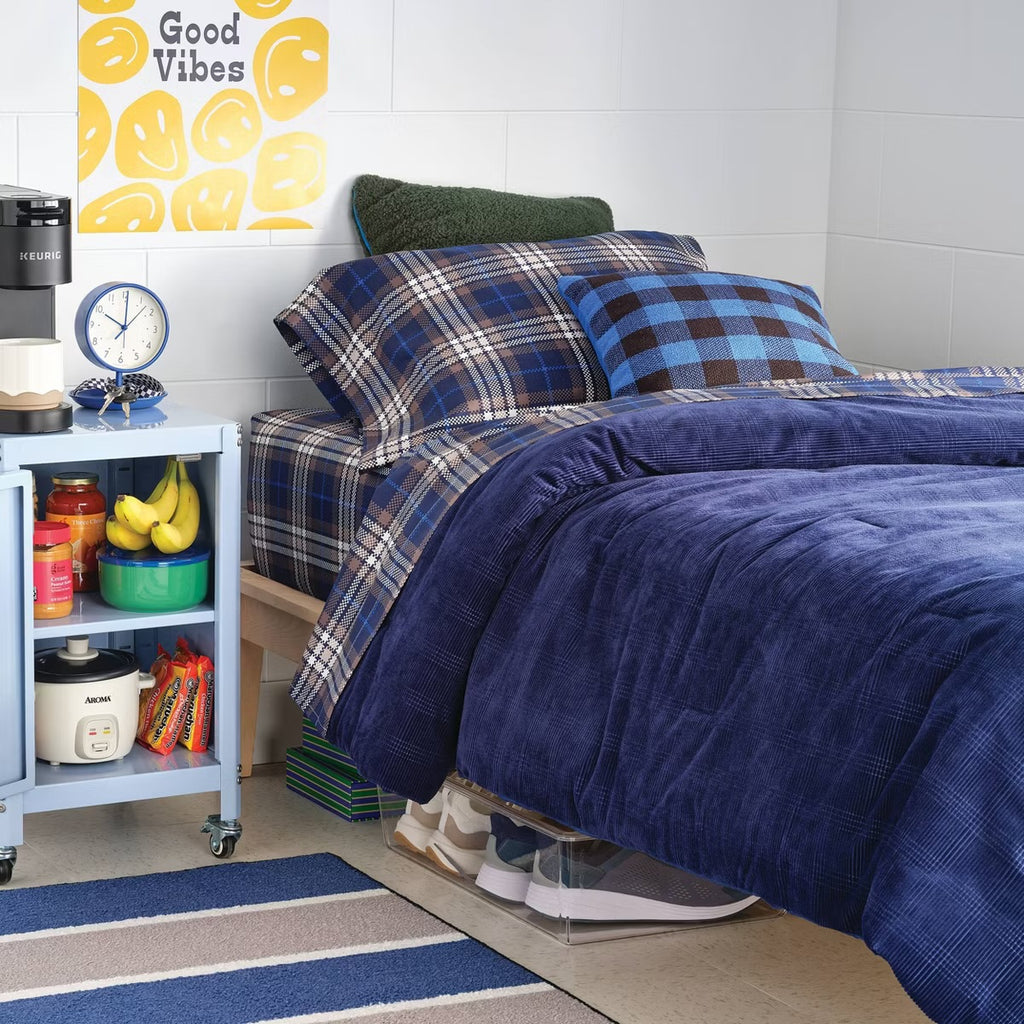 Twin/Twin Extra Long Corduroy Plaid Comforter Navy Blue - Room Essentials
