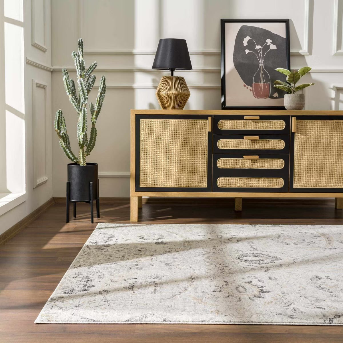 5’3 x 7’3 Obsidian Rustic Farmhouse Traditional Floral Medallion Area Rug