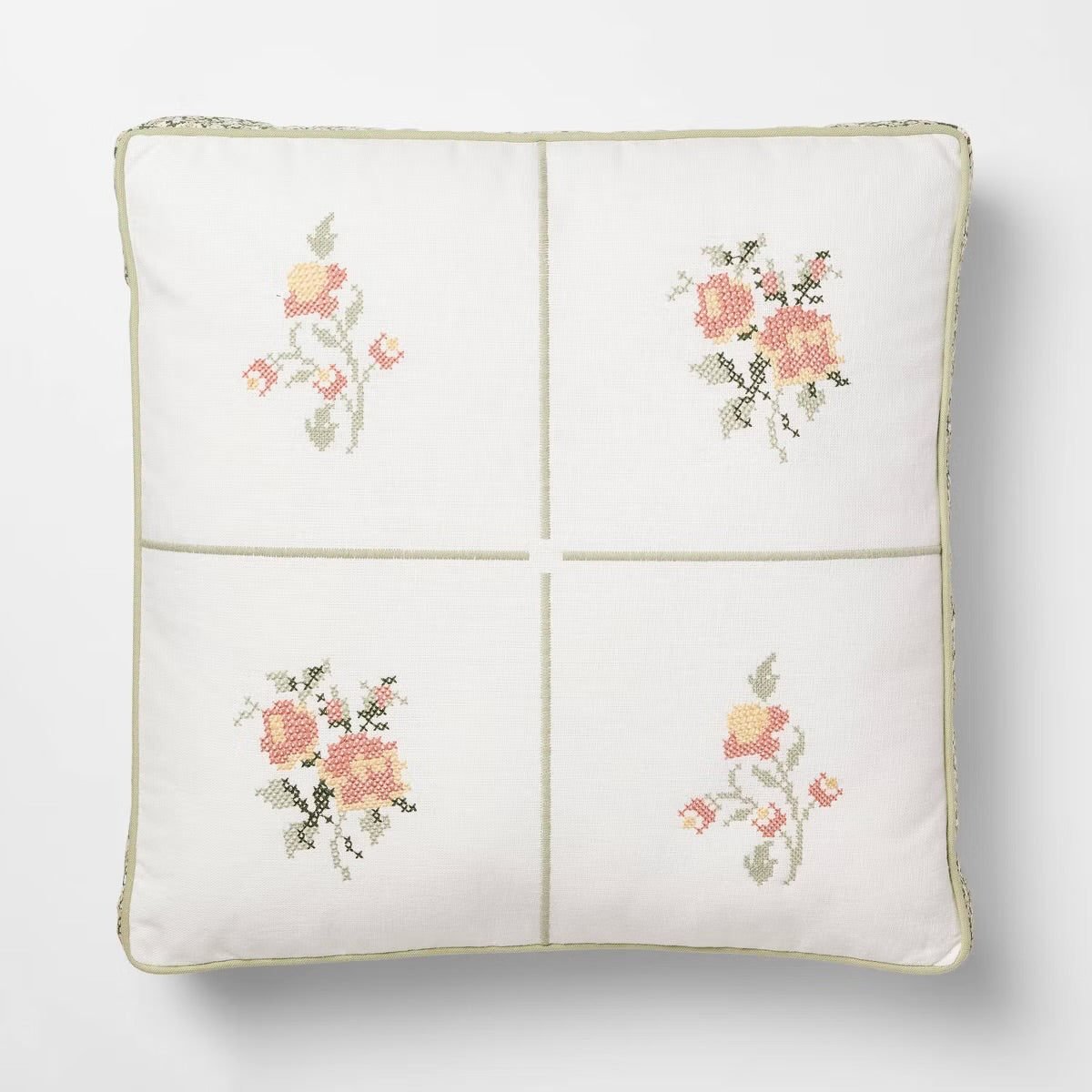 Square Cross-Stitched Floral Pillow with Printed Green/Pink - Threshold designed with Studio McGee