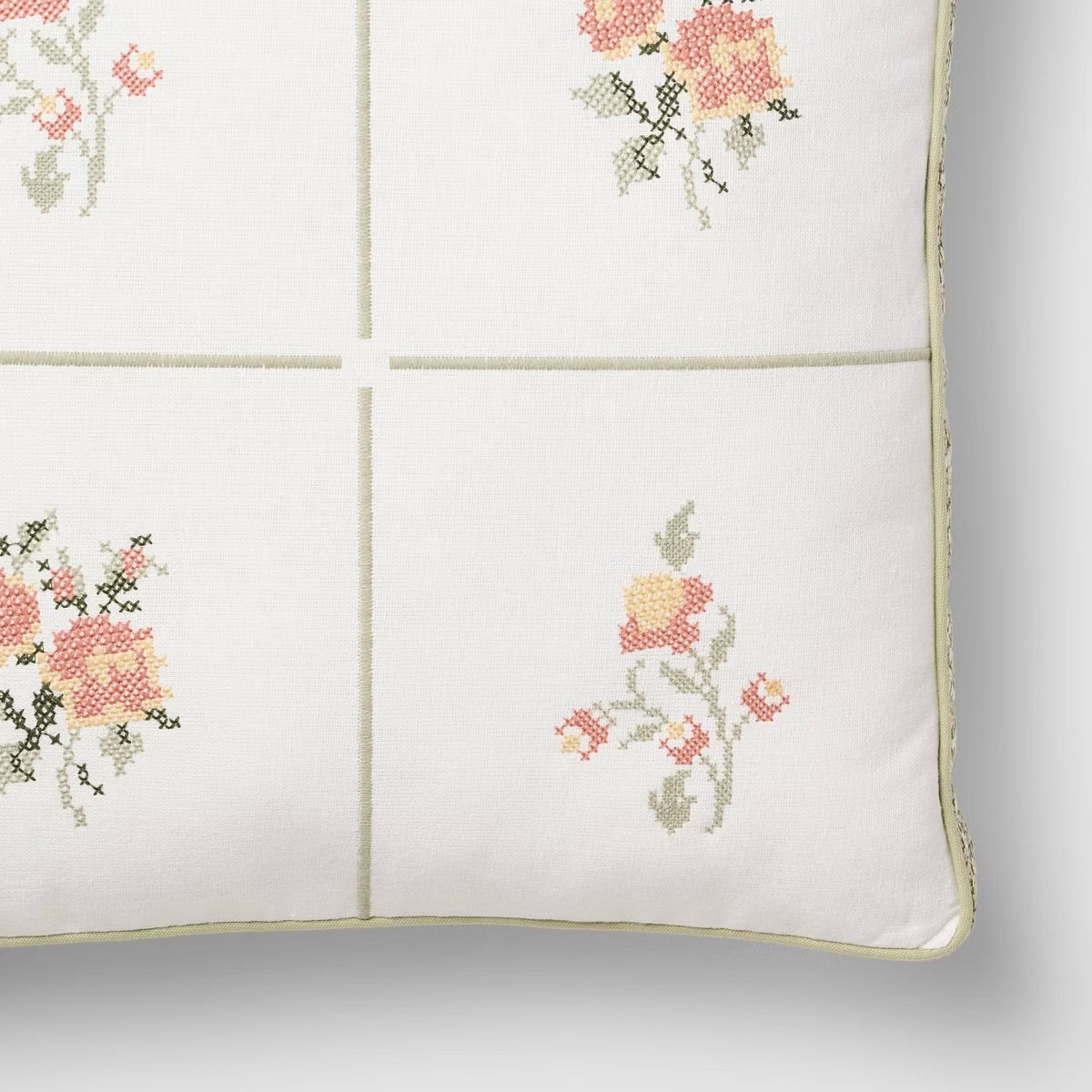 Square Cross-Stitched Floral Pillow with Printed Green/Pink - Threshold designed with Studio McGee