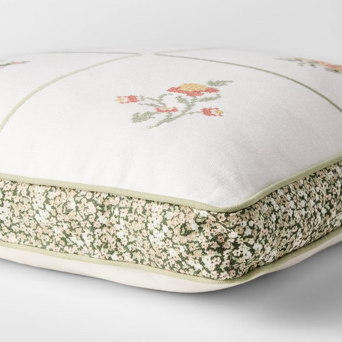 Square Cross-Stitched Floral Pillow with Printed Green/Pink - Threshold designed with Studio McGee