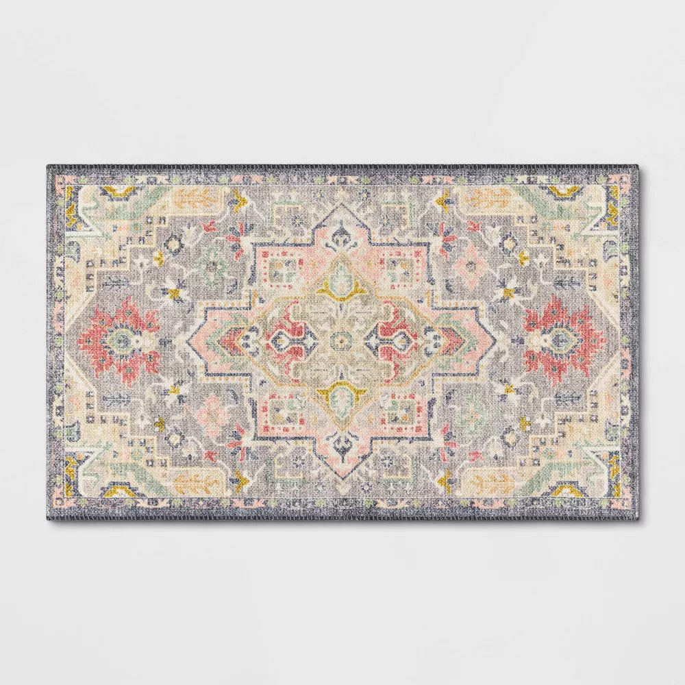2'3"x3'9" Washable Zebrina Medallion Persian Style Printed Accent Rug Gray/Multi - Threshold