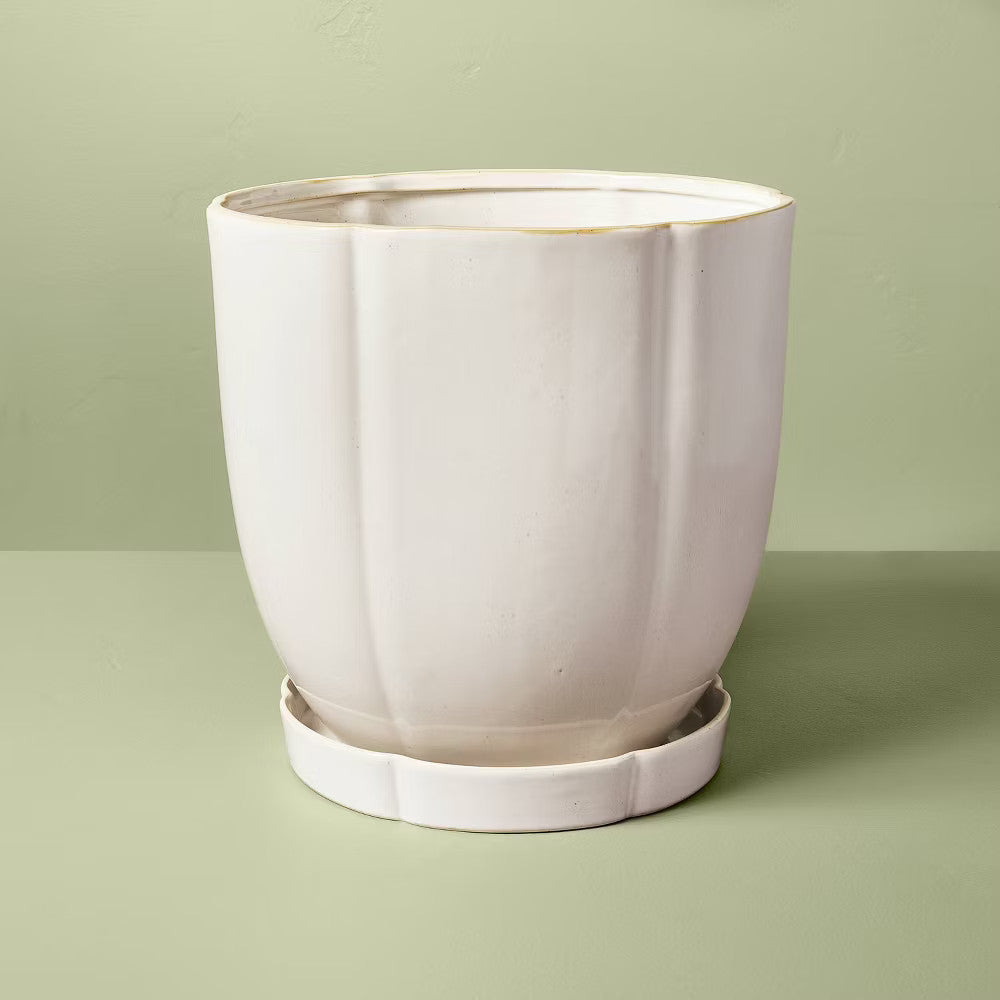 11.25" Stoneware Indoor/Outdoor Planter Pot with Saucer Cream - Hearth & Hand with Magnolia