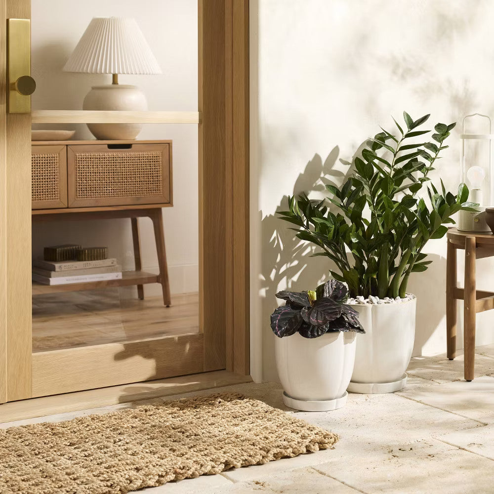 11.25" Stoneware Indoor/Outdoor Planter Pot with Saucer Cream - Hearth & Hand with Magnolia