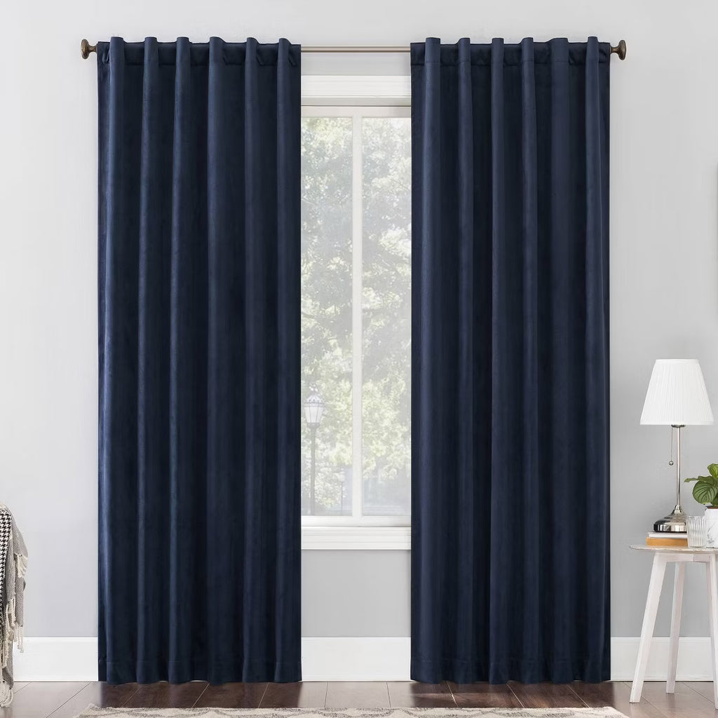 2PK 50"x84" Sun Zero 100% Blackout Velvet Noise Reducing Thermal Curtain Panel Dark Blue