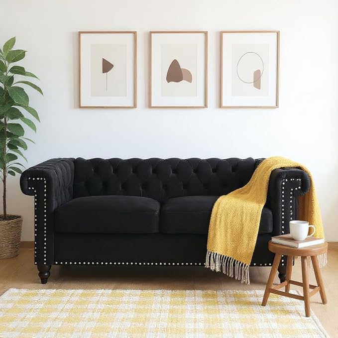 Tufted Upholstered Loveseat Sofa 61" Velvet Black 2 Seater