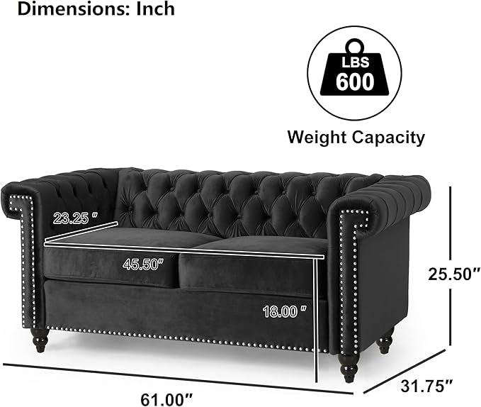 Tufted Upholstered Loveseat Sofa 61" Velvet Black 2 Seater