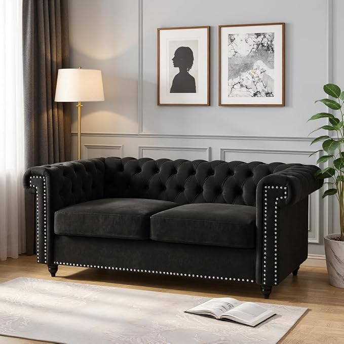 Tufted Upholstered Loveseat Sofa 61" Velvet Black 2 Seater