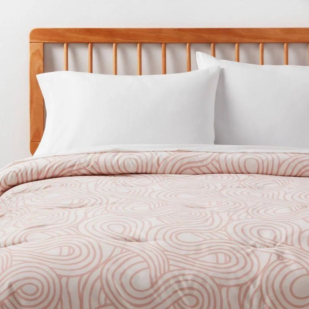 Full/Queen Microfiber Comforter Reversible Pink/Ivory Wave - Room Essentials
