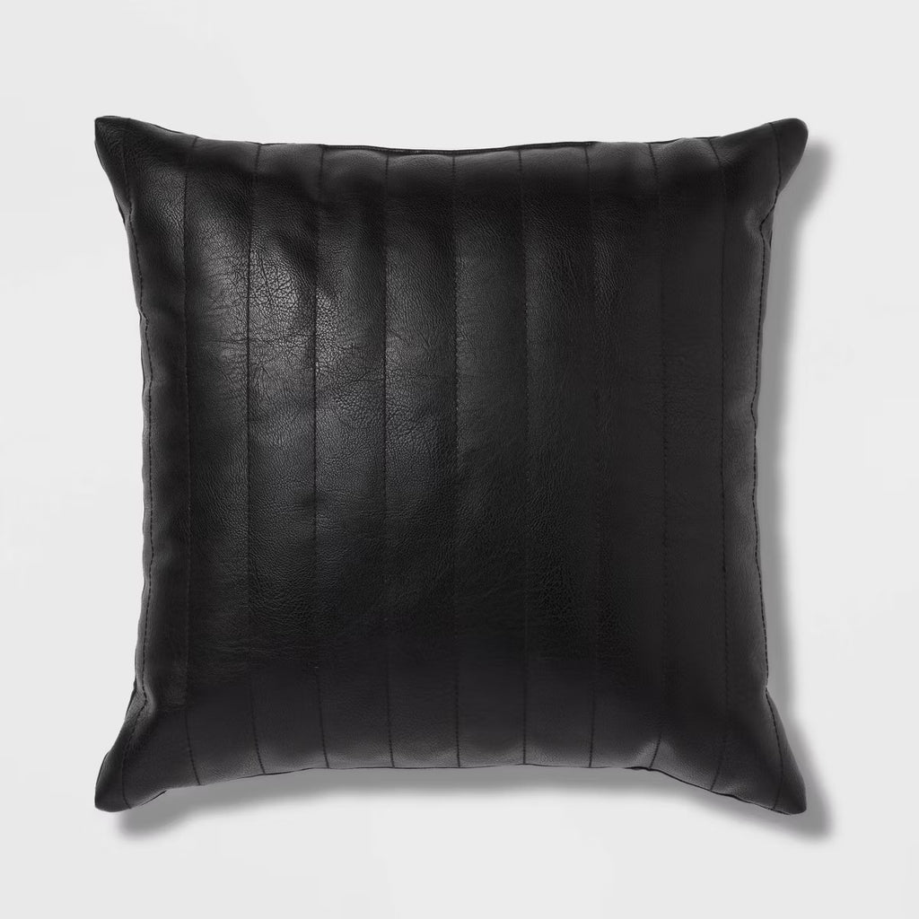 Square Faux Leather Channel Stitch Decorative Throw Pillow Black - Threshold
