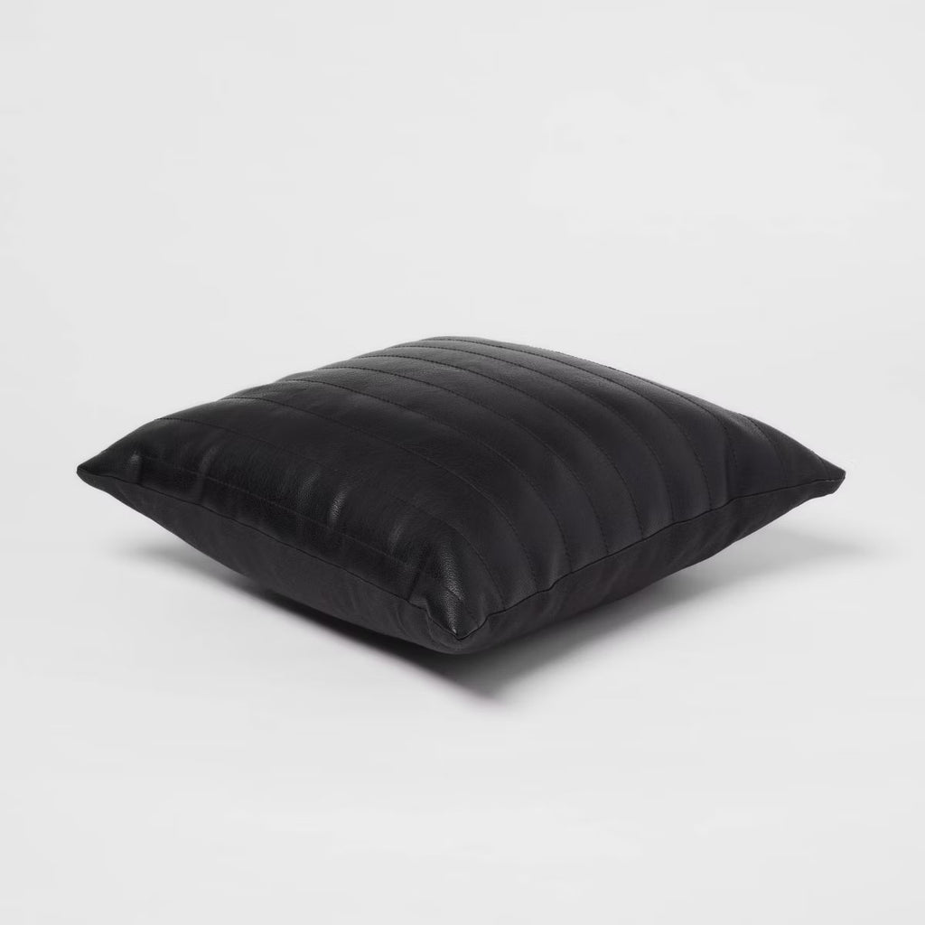 Square Faux Leather Channel Stitch Decorative Throw Pillow Black - Threshold