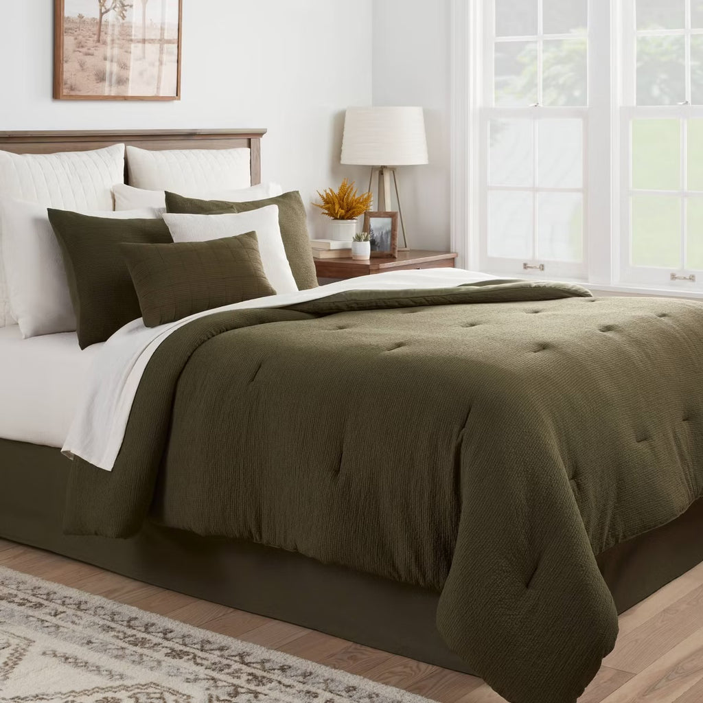 12pc Queen Micro Texture Comforter & Sheet Bedding Set Dark Green - Threshold