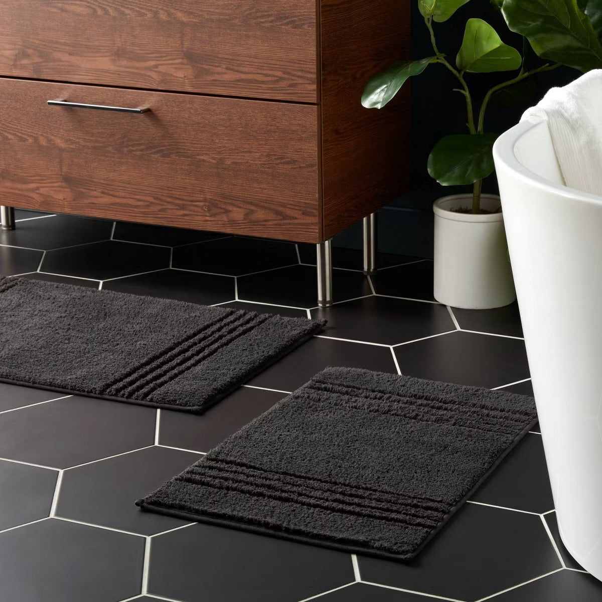 2pc 17"x24" and 20"x34" Textured Cotton Bath Rug Set Black - Threshold