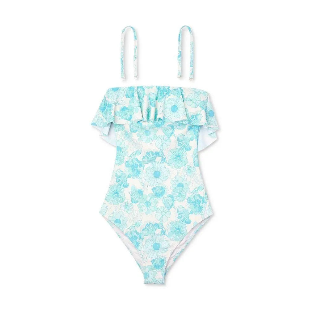 L (12-14) Floral Print Ruffle Bandeau Cheeky One Piece Swimsuit - Shade & Shore