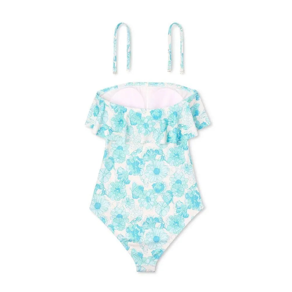 L (12-14) Floral Print Ruffle Bandeau Cheeky One Piece Swimsuit - Shade & Shore