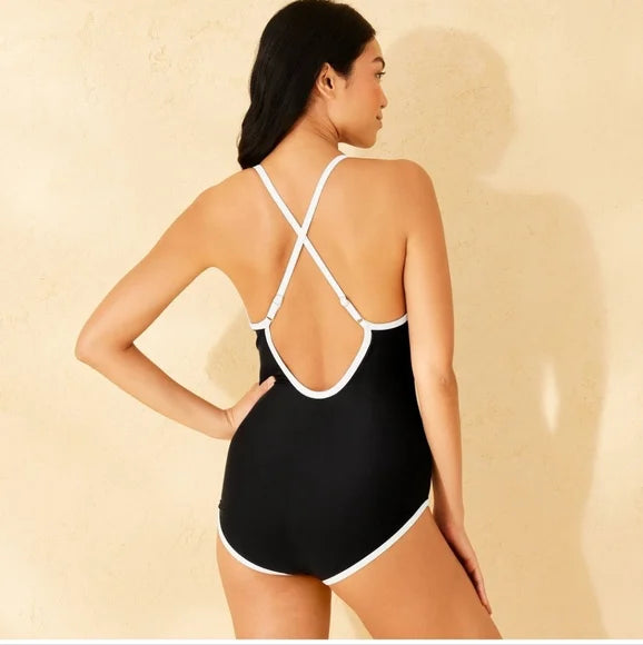 XS (0-2) Contrast Binding High Neck Full Coverage Tummy Control One Piece Swimsuit - Shade & Shore