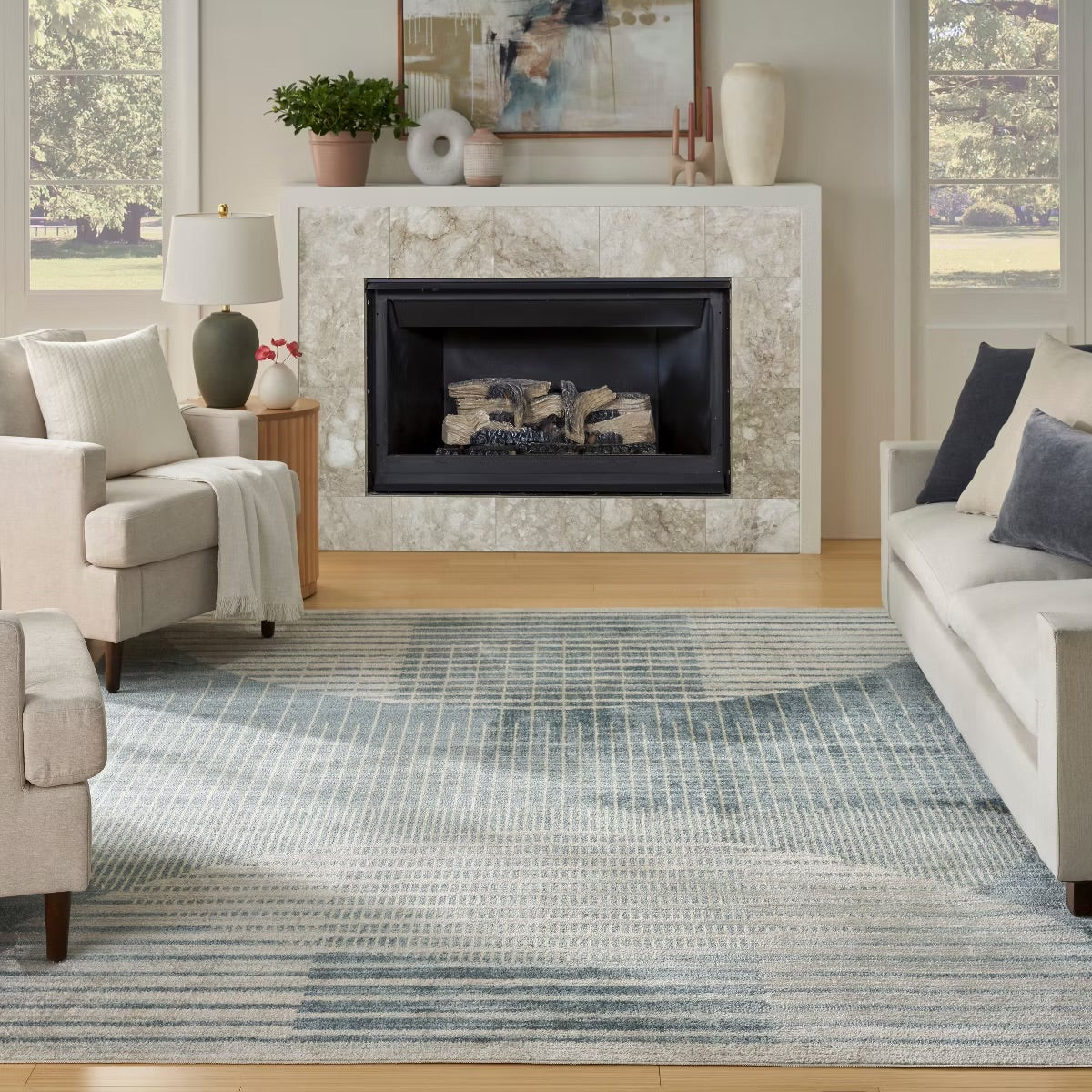 6'7" x 9' Blue Mid-Century Modern Indoor Flatweave Rug