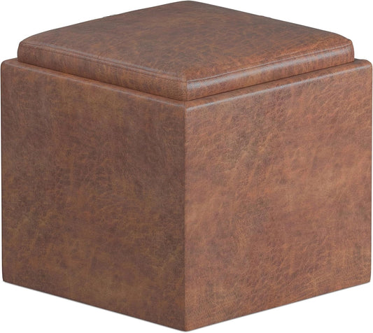 Vegan Leather Cube Storage Ottoman, Rockwood, Distressed Saddle Brown