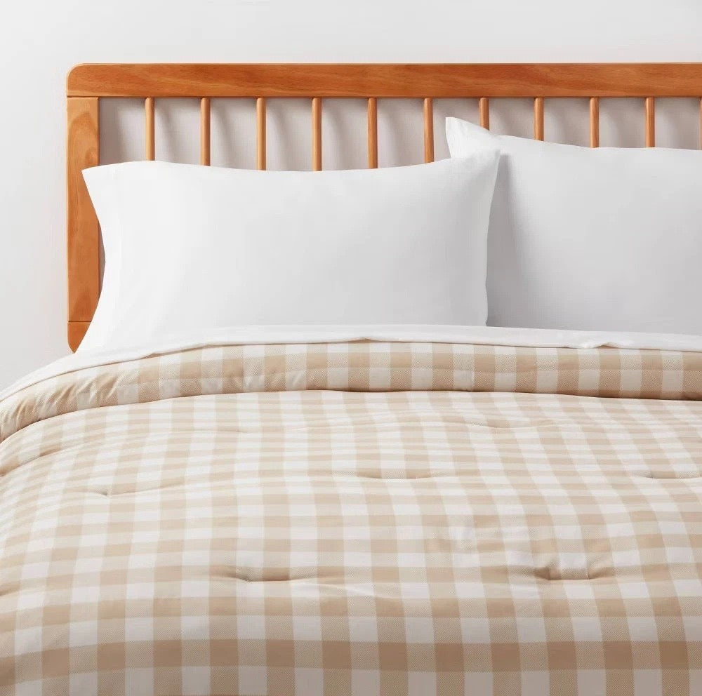 Full/Queen Extra Long Microfiber Comforter Reversible Ivory Gingham - Room Essentials