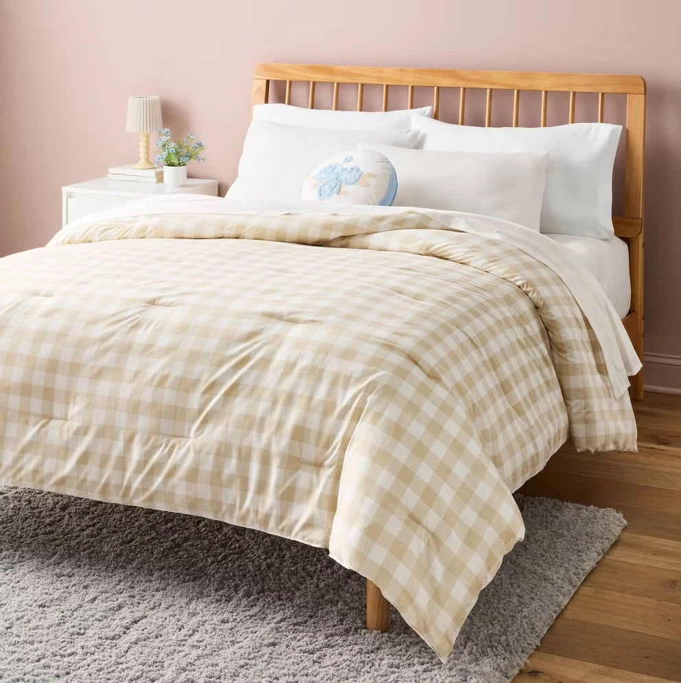 Full/Queen Extra Long Microfiber Comforter Reversible Ivory Gingham - Room Essentials