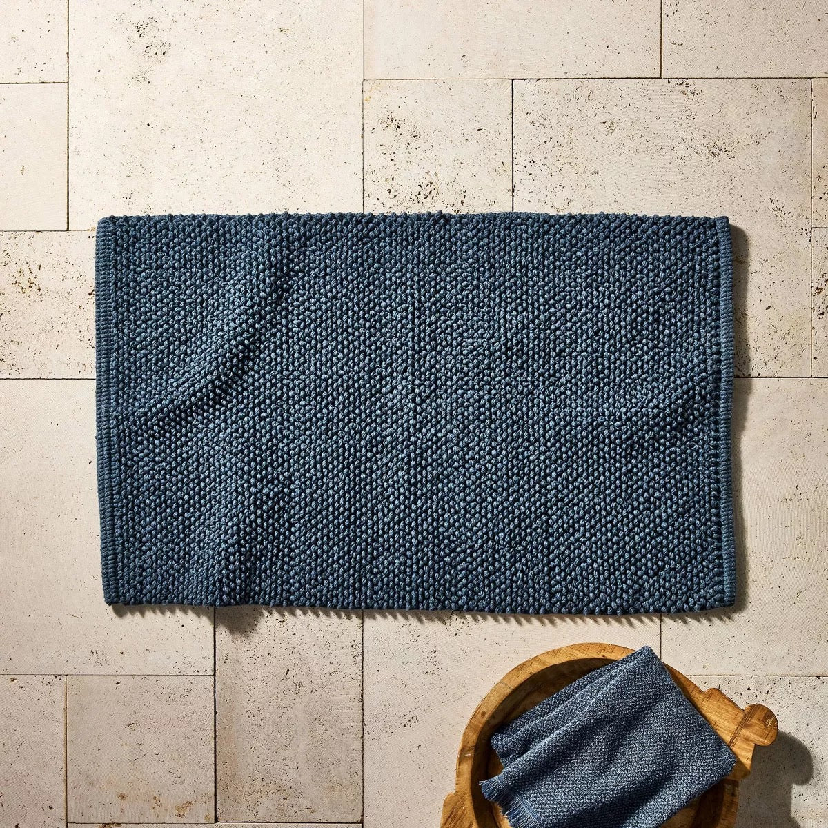 21"x34" Textured Bath Mat Washed Dark Mineral Blue - Casaluna