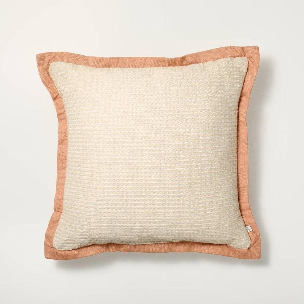 18"x18" Textured Woven Flange Detail Indoor/Outdoor Square Throw Pillow Natural/Blush