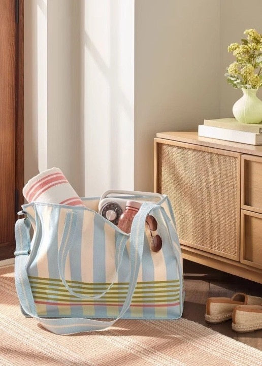 Cross Stripe Carry-All Tote Blue/Green/Natural