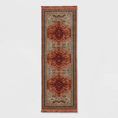 2'4"x7' Floral Woven Runner Rug Rust/Green - Threshold: Traditional Persian Style, Indoor Botanical Accent