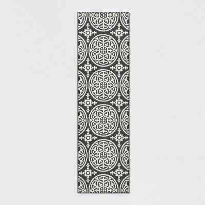 2' x 7' Washable Runner Medallion Tufted And Hooked Rug Gray - Threshold