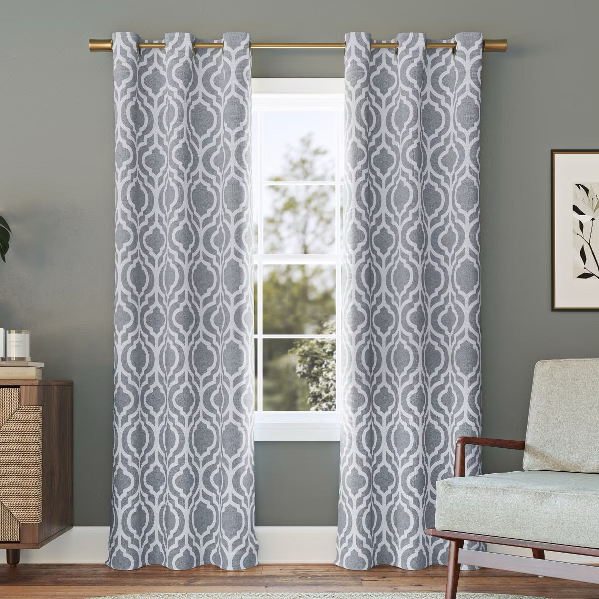 2PK 40"x95" Sun Zero Blackout Eldon Trellis Print Grommet Curtain Panel Gray