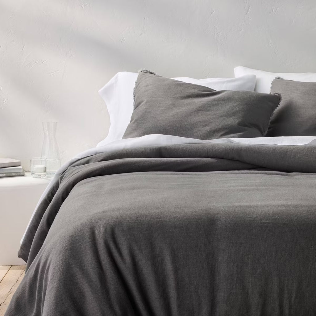 King/California Heavyweight Linen Blend Comforter & Sham Set Dark Gray - Casaluna
