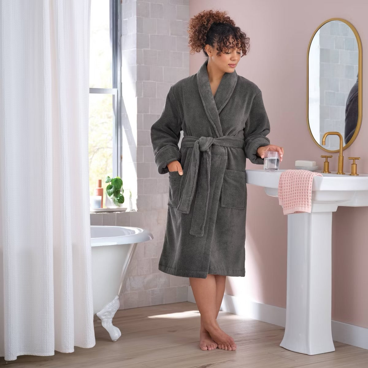 S/M Spa Plush Bath Robe Dark Gray - Threshold