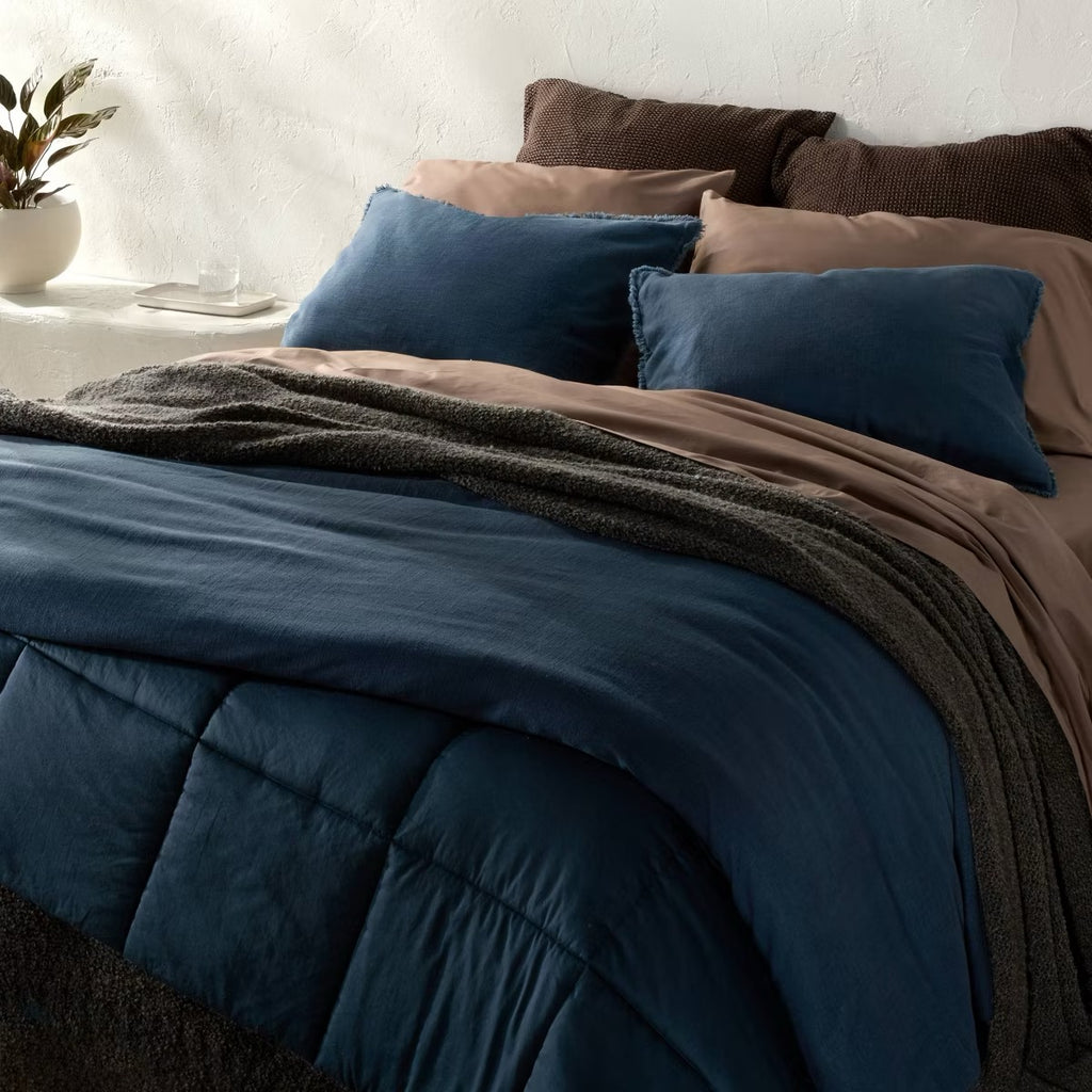 Full/Queen Heavyweight Linen Blend Comforter and Sham Set Dark Mineral Blue - Casaluna