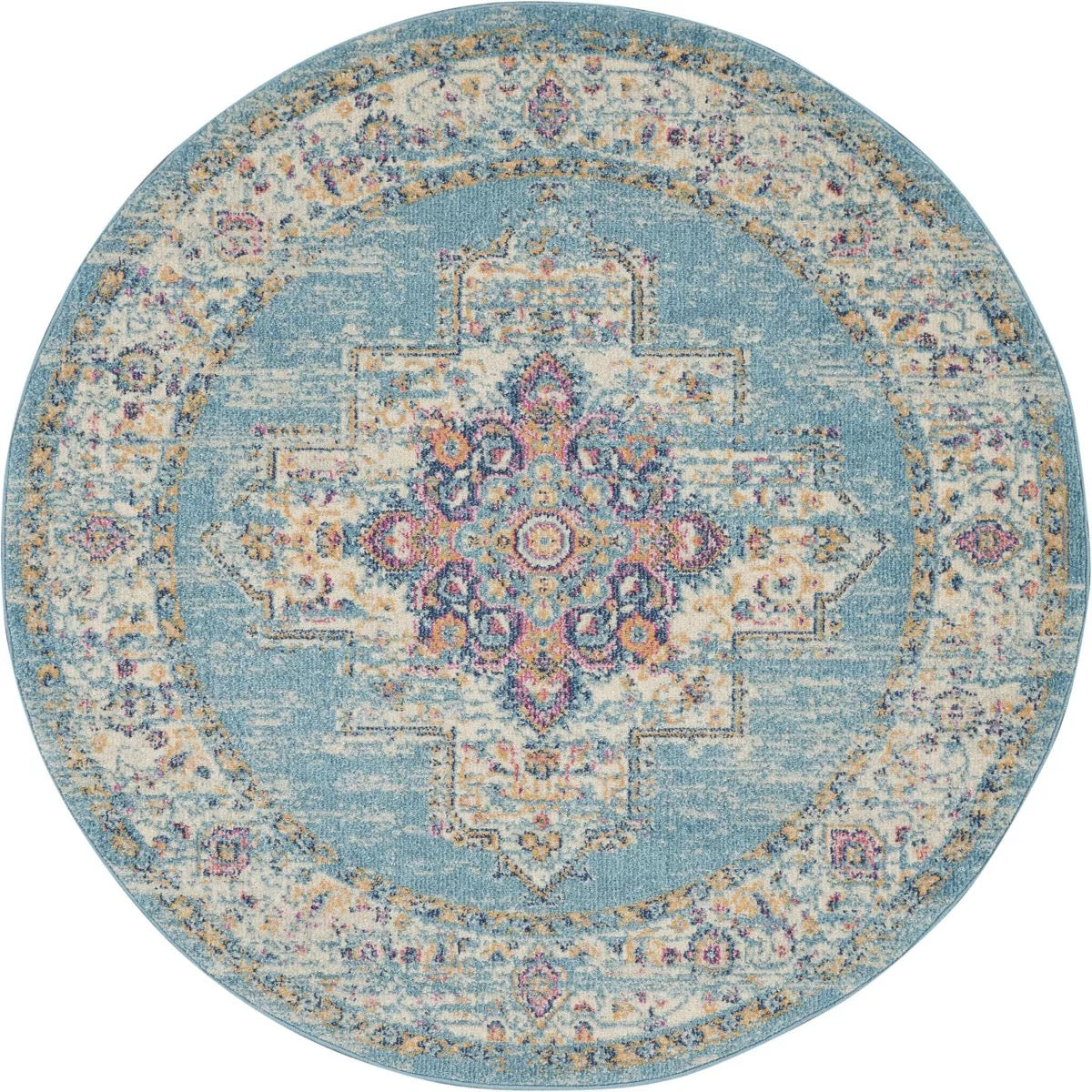 5’ Round Nourison Passion Medallion Bohemian Indoor Rug Light Blue