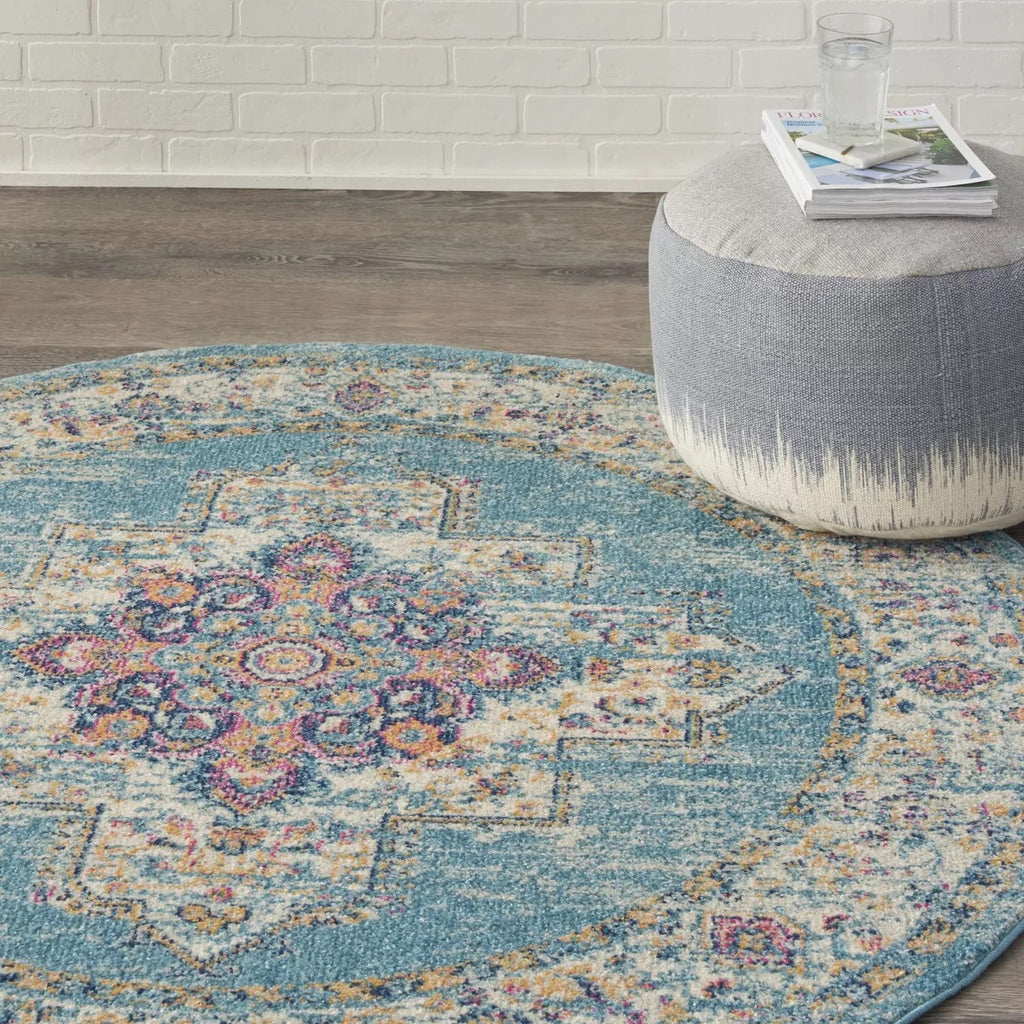 5’ Round Nourison Passion Medallion Bohemian Indoor Rug Light Blue