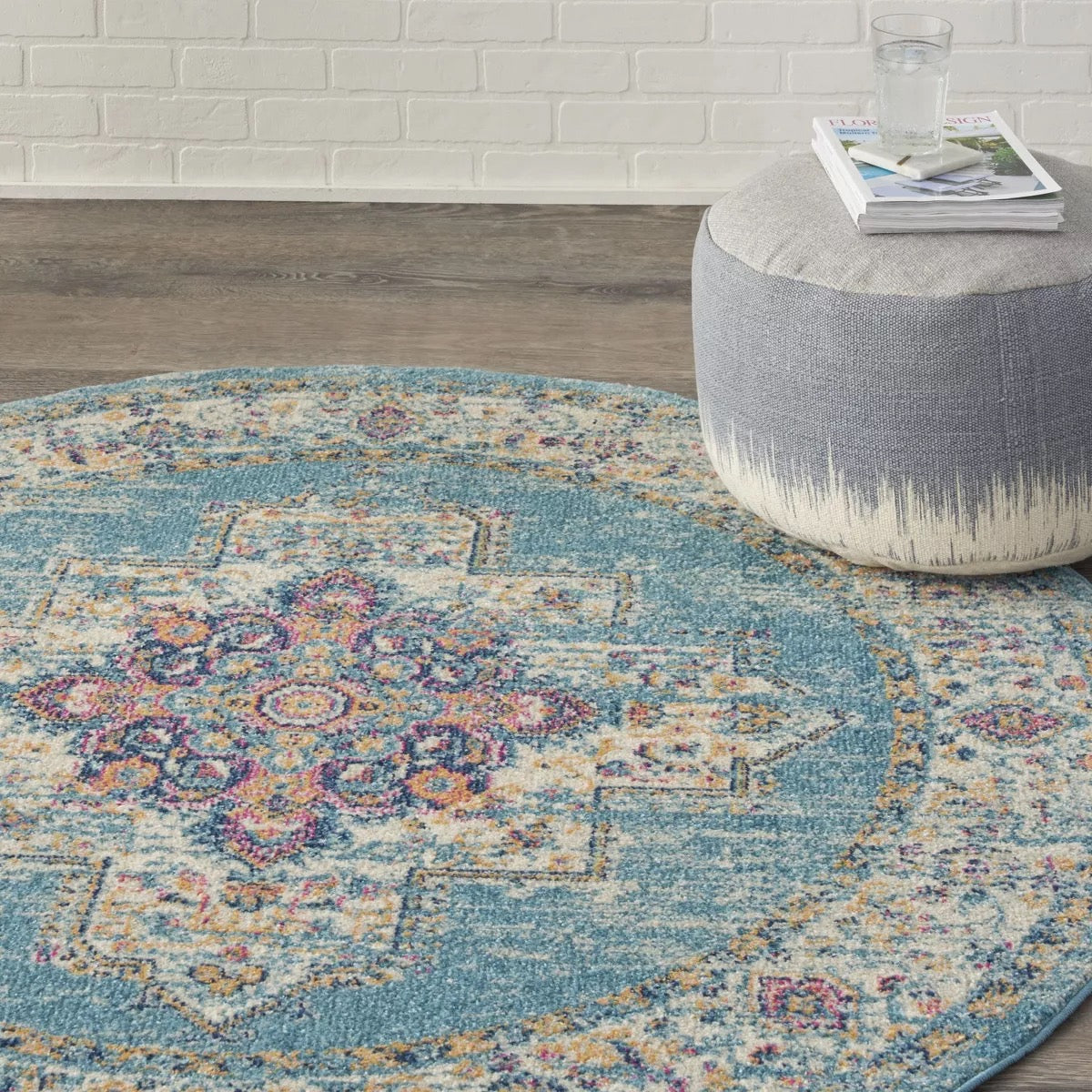 5’ Round Nourison Passion Medallion Bohemian Indoor Rug Light Blue
