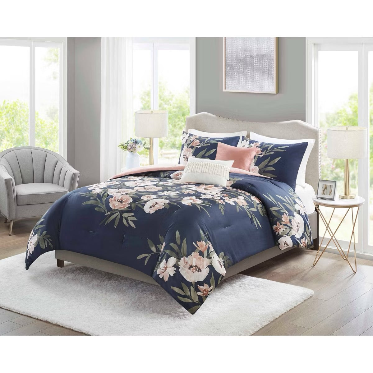 King 5 Pc Leilani Floral Print Comforter Bedding Set Navy/Blush