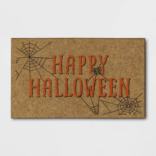 1'6"x2'6" 'Happy Halloween' Faux Coir Doormat with Spiderwebs Orange/Black